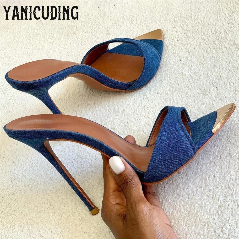 Denim Mules Sexy Stiletto Sandals Metal Toe Super High Heels Summer Shoes Color Block Sexy Slip-On Sandals for Women Slippers