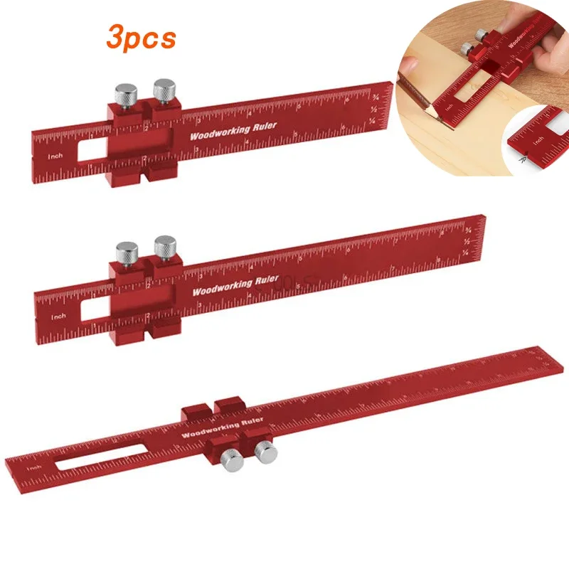 3 Sets of Red T-shaped Woodworking Tools Round Hole Ruler Portable Woodworker DIY Multifunctional Scriber Ruler