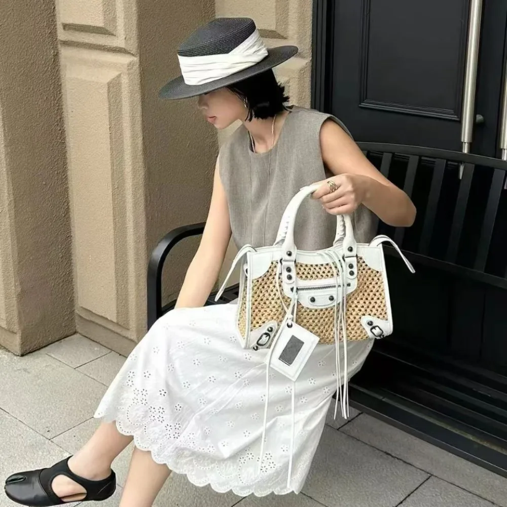 2026 Retro Raffia Woven Locomotive Girl Rivet Tassel Commuter Portable MessengerSmall Bag Unique and Fashionable Texture
