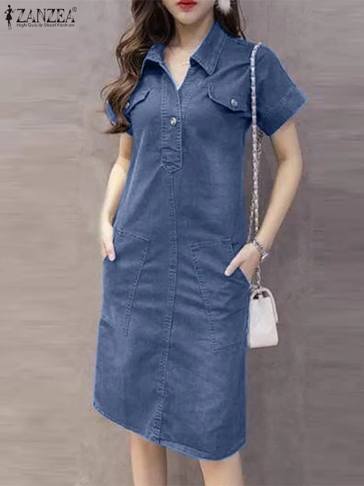 

2024 ZANZEA Women Lapel Neck Short Sleeve Shirt Dress Summer Fashion Casual Solid Work Vestido Robe Femme Denim Blue Sundress