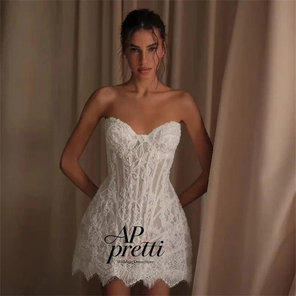 AP pretti Customized White Strapless Floral Lace Wedding Dress Beading Sleeveless Mini A-line Gorgeous Mini Bridal Gown 2026  ﻿