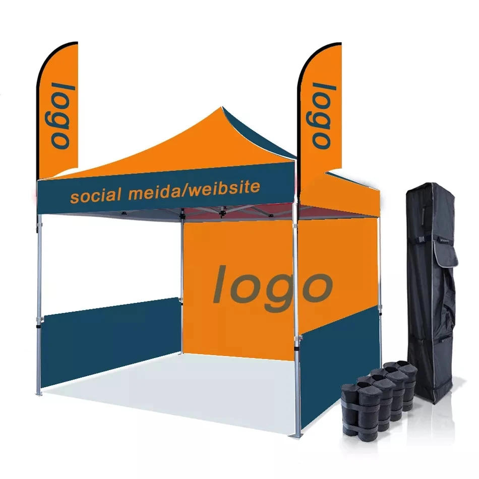 600D Portable Outdoor Awning 3x3m Folding Gazebo Waterproof Foldable Sidewall Design Full Set Advertising Tent with Feather Flag