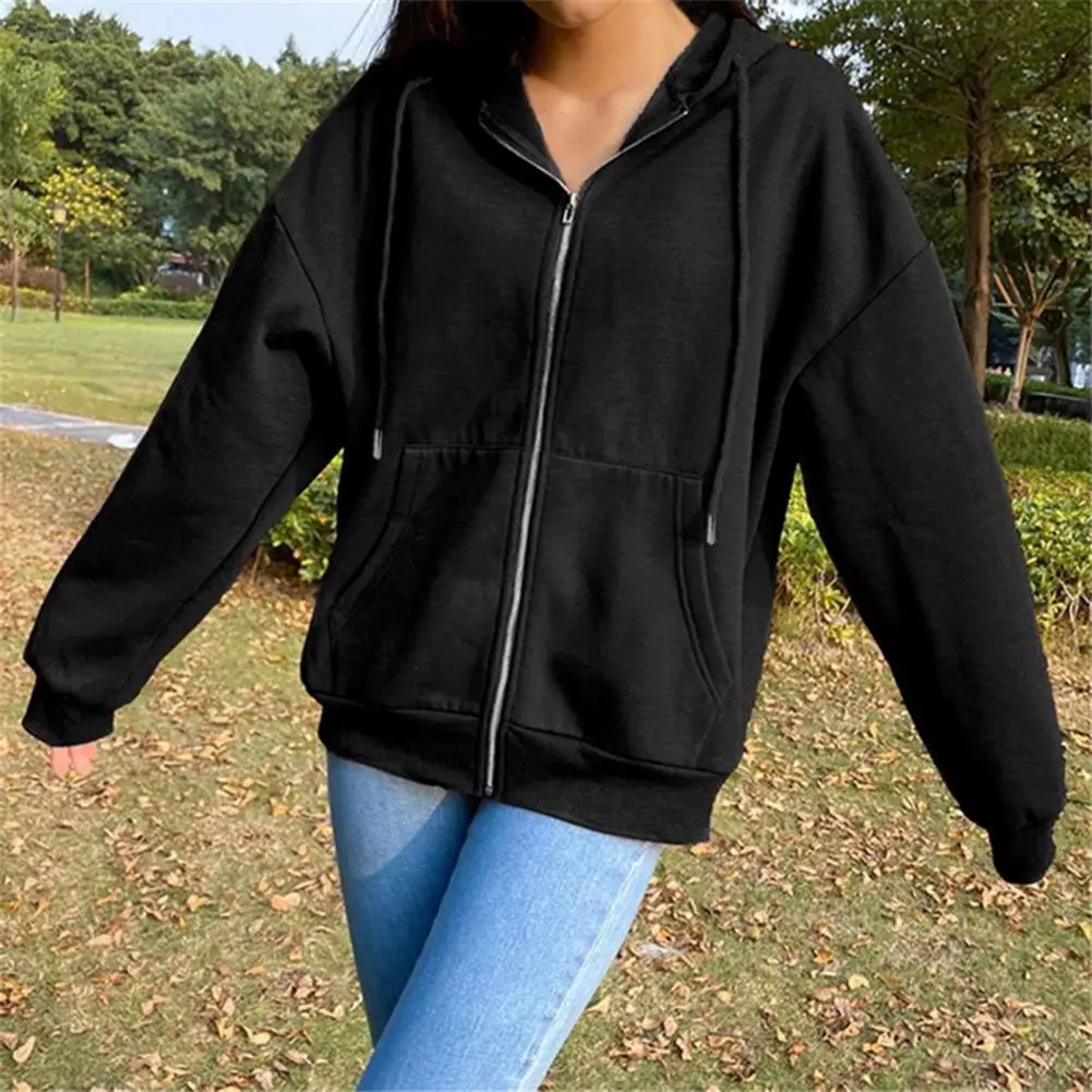 Drawstring Long Sleeves Pockets Zipper Closure Hoodie Coat Autumn Solid Color Women Sweatshirt Jacket