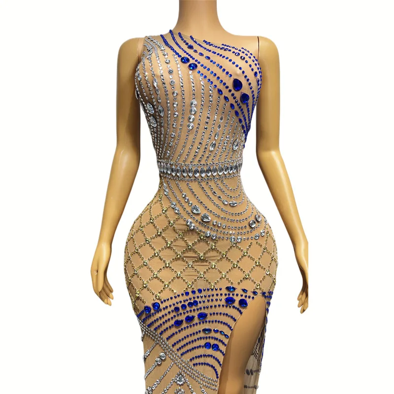 Irregular Shoulder High Split Sexy Sparkling Diamond Sparkling Performance Dress Robe Cocktail Luxe Chic And Sweet Evening Dress