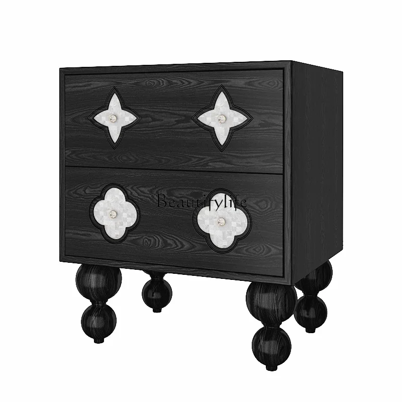 

French Bedroom Bedside Table Retro Black Solid Wood Living Room Side Table Storage Cabinet