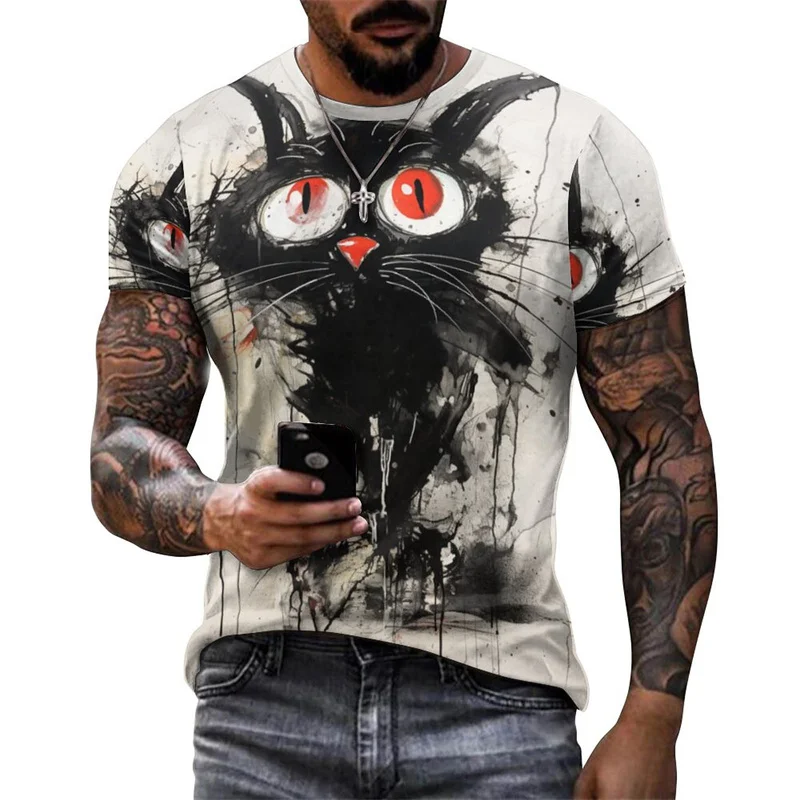 Strange Cat Graphic T Shirt Men Graffiti Animal 3D Printed Tees Summer Casual Breathable O-Neck Street T-Shirts Short Sleeves image 3