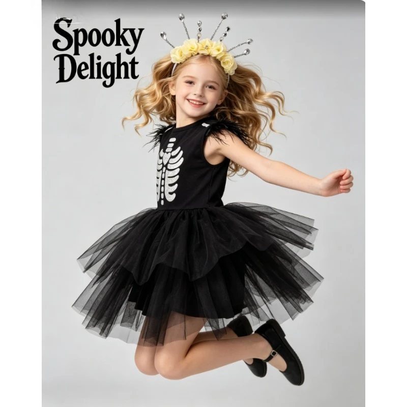 Skull Pattern Halloween Costume Kids Makeup Party Stage Performance Fluffy Skirt Holiday Festive Dress Casual Role Play Outfit