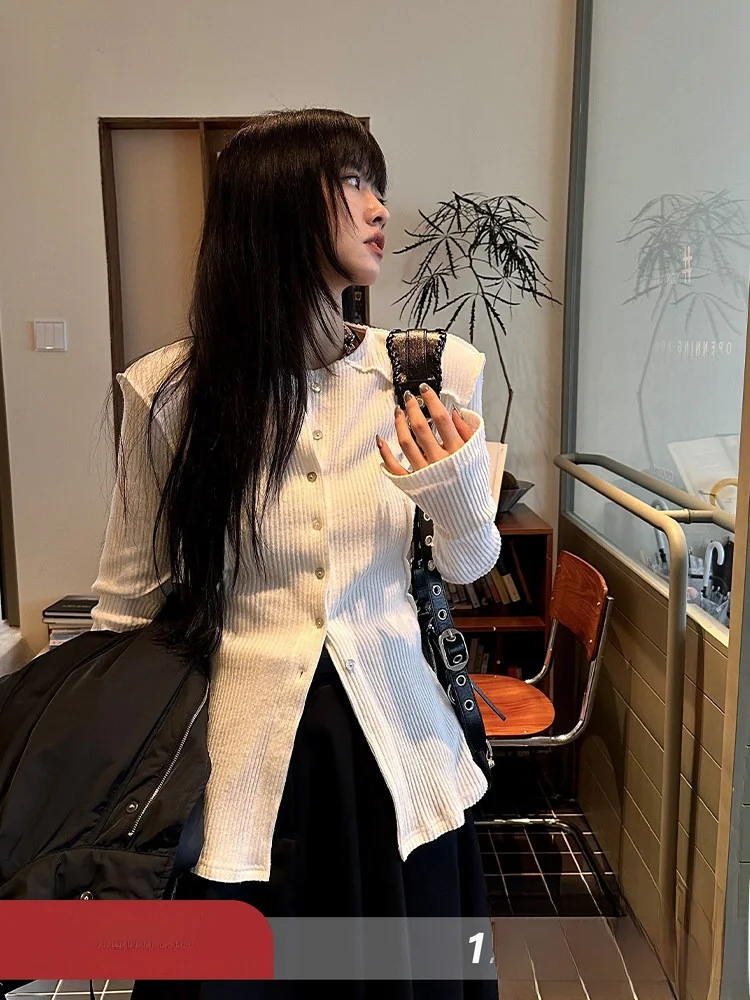 

Женский вязаный кардиган, повседневный облегающий кардиган, весна-осень, белая открытая рубашка из смеси хлопка и полиэстера