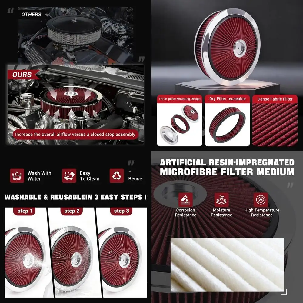 

Комплект круглых воздушных фильтров 14 x 3 дюйма, крышка с высоким и низким потоком воздуха, моющаяся, многоразовая, совместима с двигателями SBC (красная)