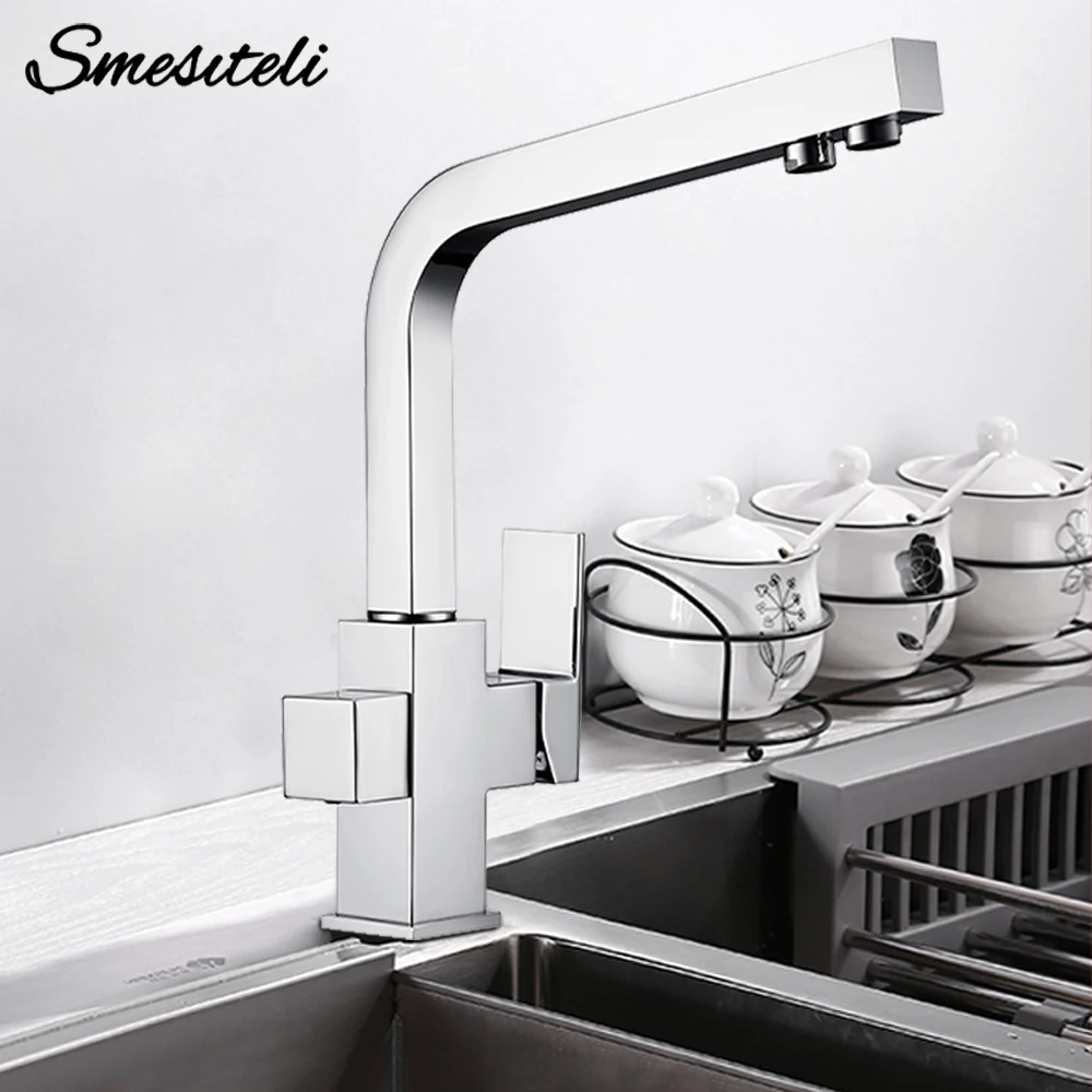 Smesiteli Kitchen Faucets Silver Polished 3 Way Water Tap Filter Faucets Solid Brass 360 Degree Rotation Drinking Water Faucets