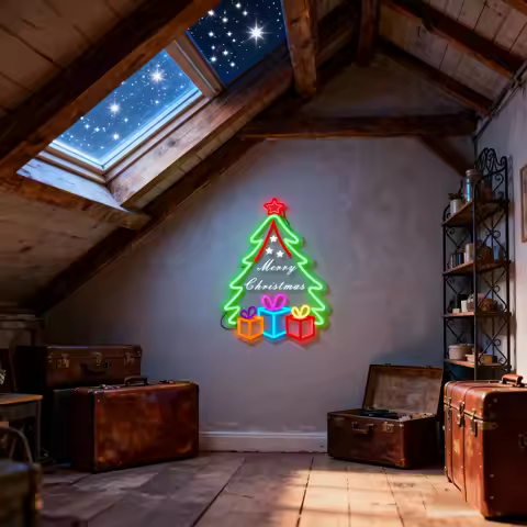 Merry Christmas Neon Sign Tree with Gifts LED Light for Home Party Holiday Decor Festive Wall Art Xmas Gift Idea Warm Green Glow