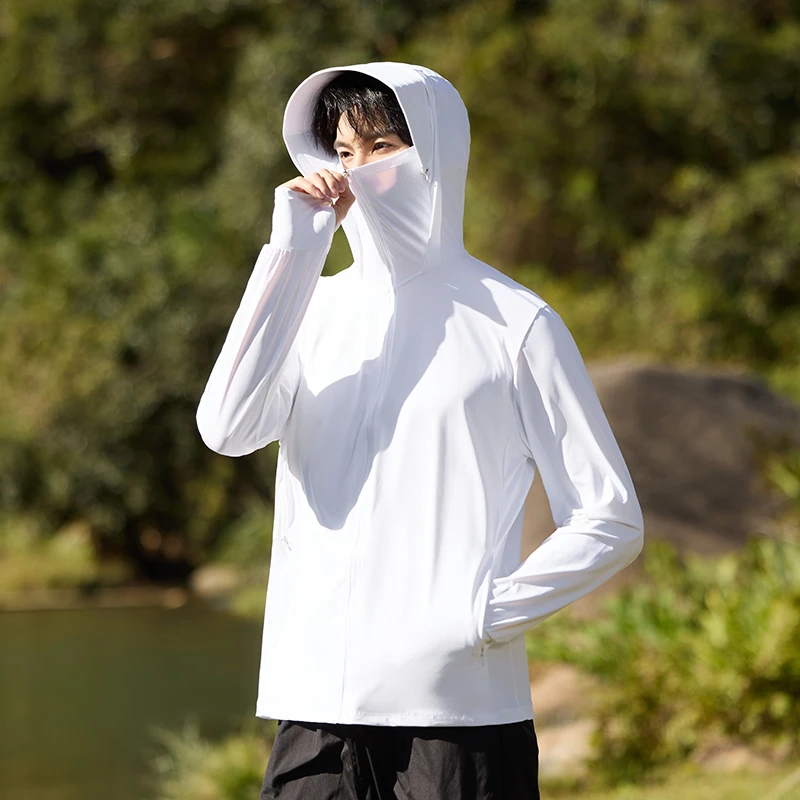 

White Ice Silk Fishing Sun Protection Clothing Men's Summer UV Protection Breathable Thin Shirt Jacket Large Sun Visor Hat