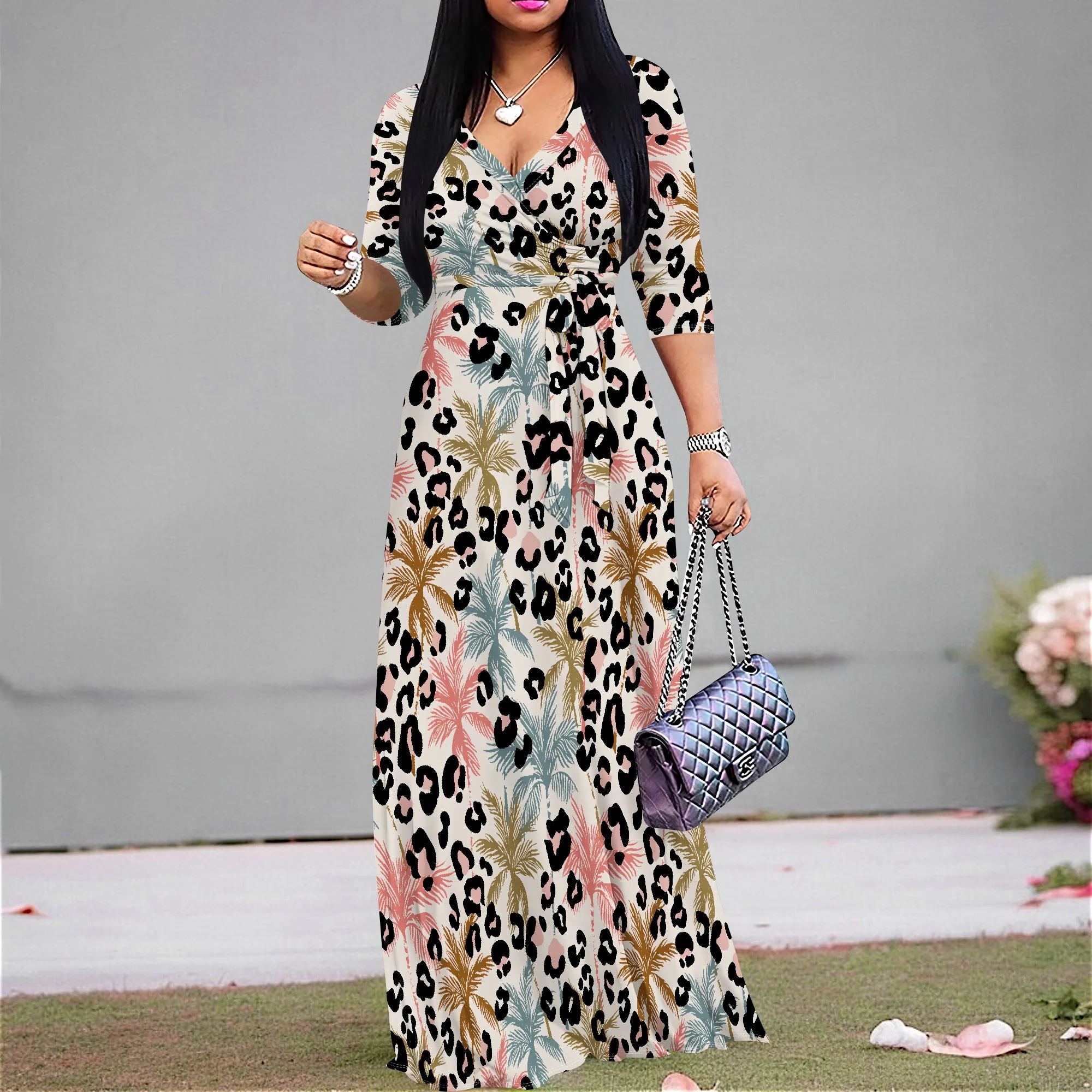 

Tropical Palm Leaf Leopard Print Dress – Summer Beach Maxi Wrap Dress S-3XL