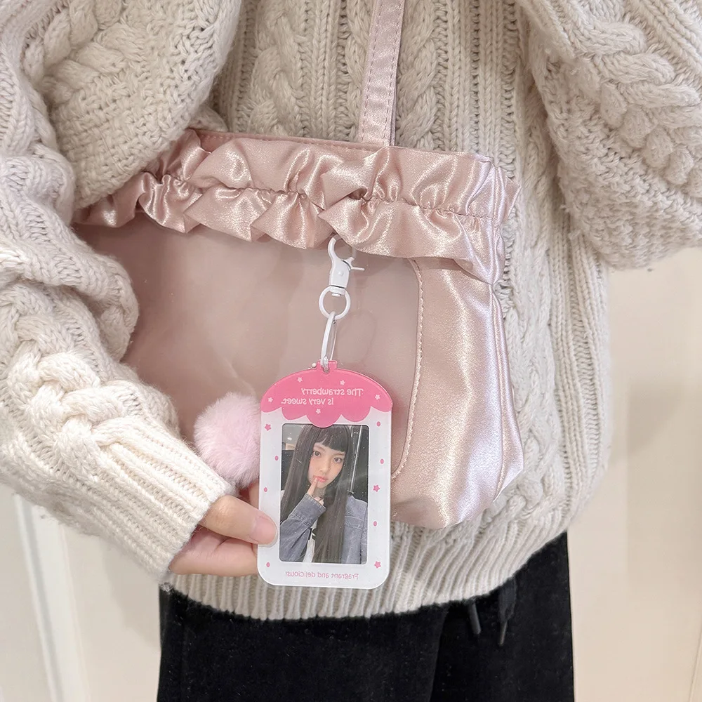 Transparent Acrylic Card Holder Strawberry Shaped Photocard Holder 3-Inch Kpop Photo Card Hard Case with Keychain Bag Pendant