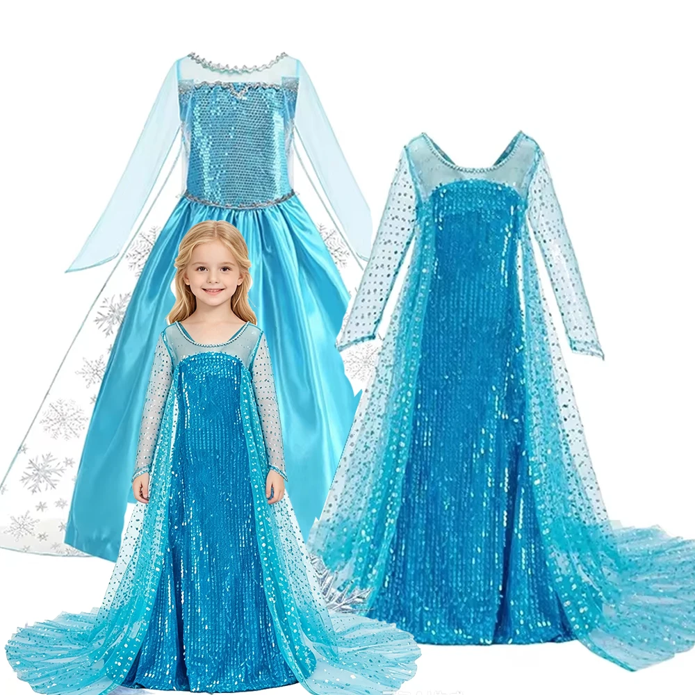 Girls Ice Snow Princess Sequin Gown Long Sheer Cape Sparkling Train for Carnival Birthday Stage Performance Dress-Up