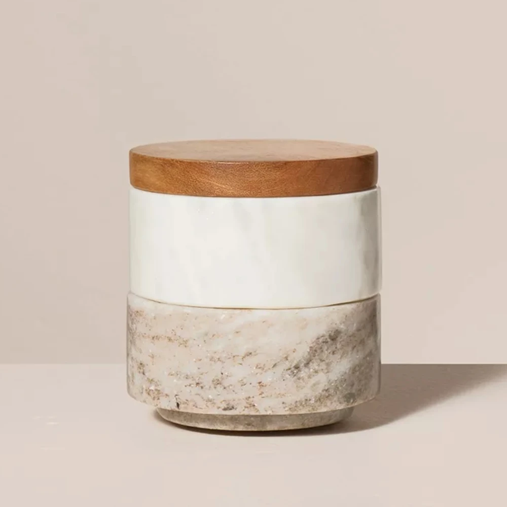 

3pc Mini Stacking Marble Salt and Pepper Cellar with Acacia Lid,Stone Flaky Salt Containers for Countertop,Spice Salt Holder Jar