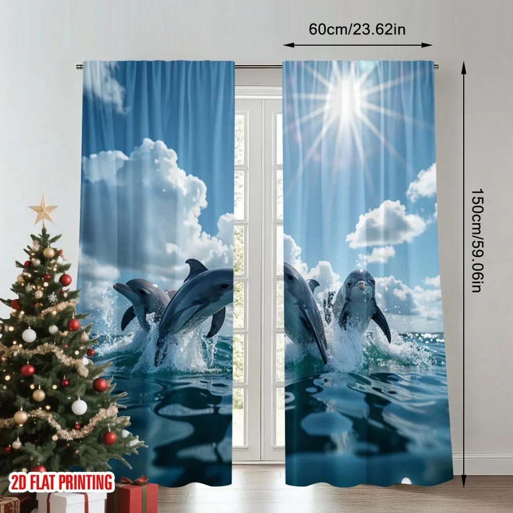 2pcs 2D flat printing Party Window Curtains Dolphins leaping sunny sky Digital Printed Polyester Drapes Birthday Party Use for