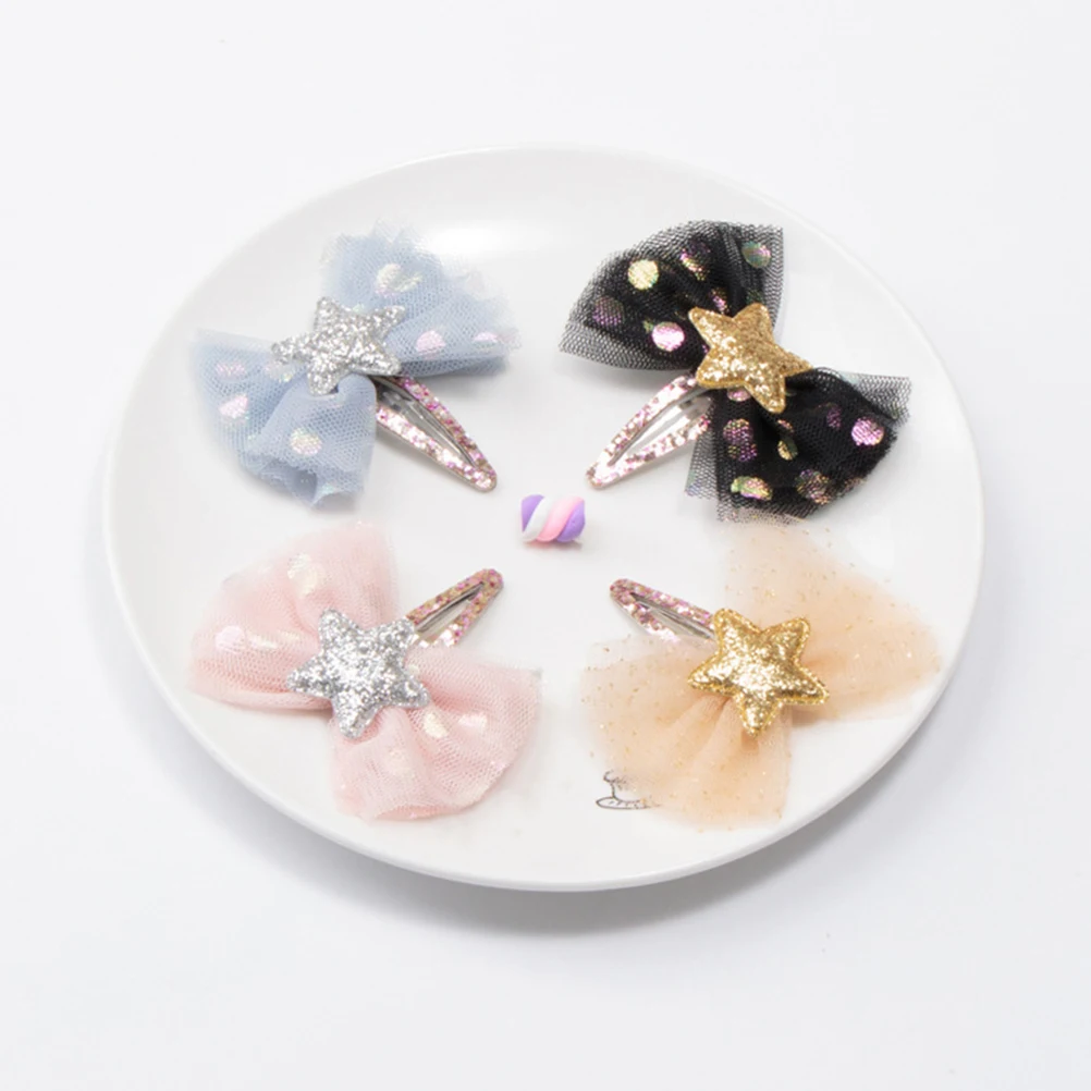 

4pcs Girls Bow Mesh Veil Clips Star Decor Snap Barrettes Kids Ages 4-8 Fine Sequin Bows Little Girl Hair Accessories Glamorous