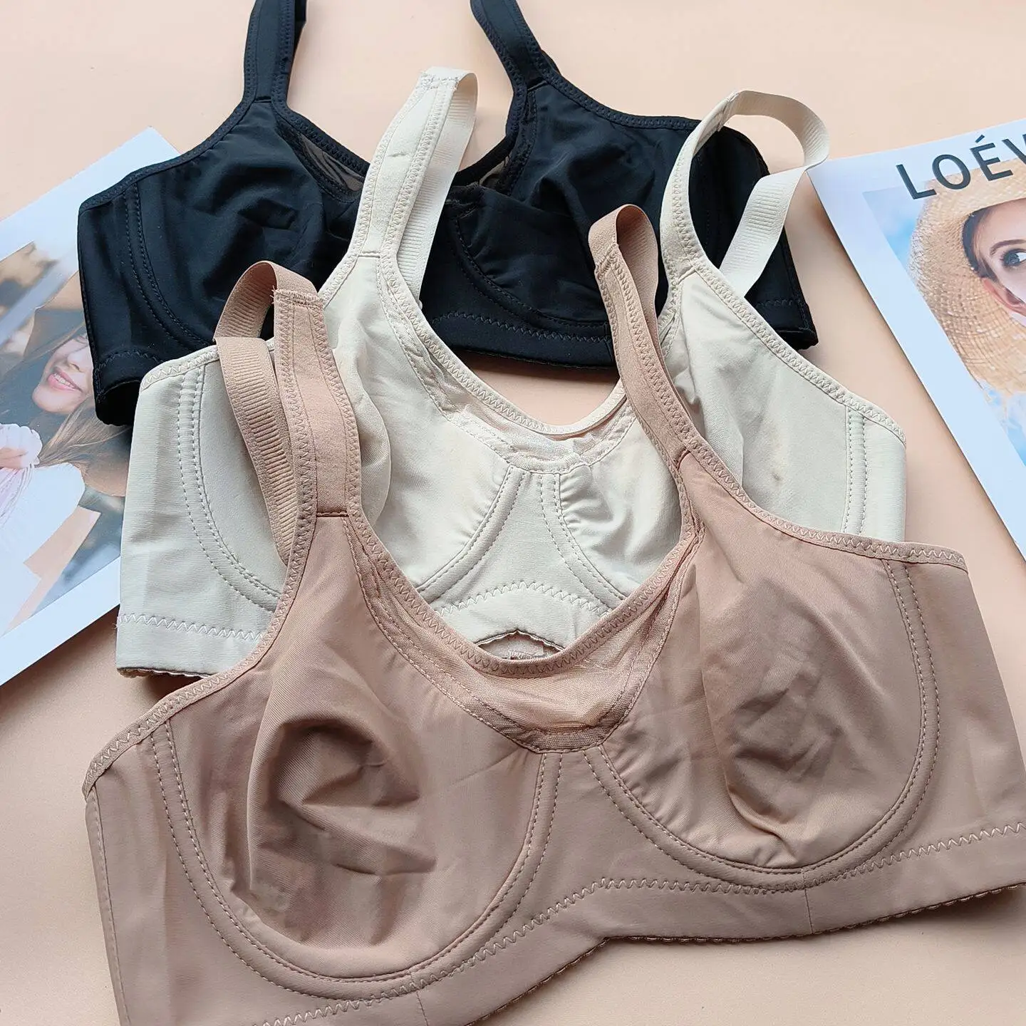 Ultra-thin full cup underwire bra, smooth seamless surface, minimizer for large bust, no sponge padding, side support for armpit