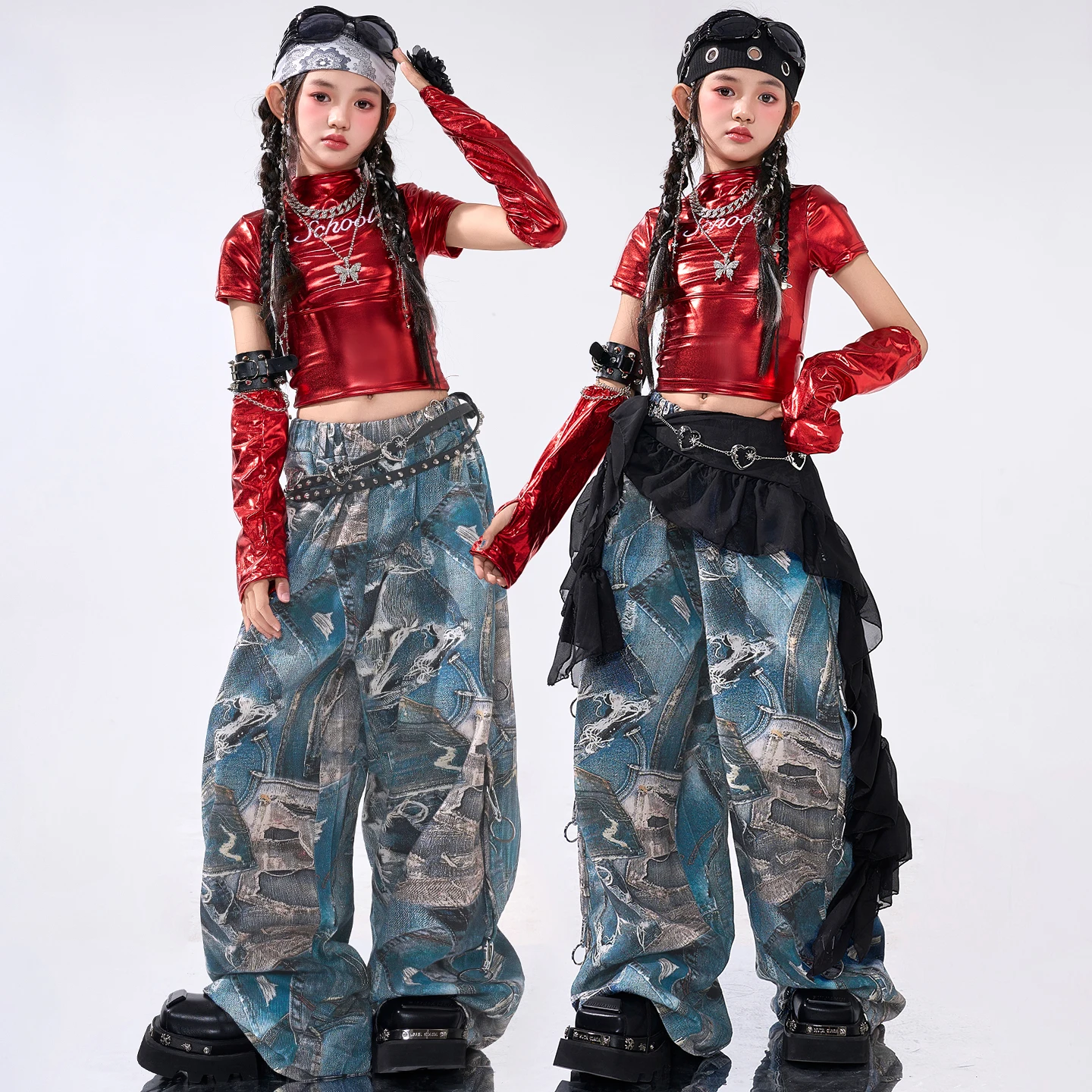 

Блестящий укороченный топ K-pop для девочек, брюки с принтом для уличных танцев, детские уличные костюмы в стиле хип-хоп, детские комплекты одежды для джазовых девочек-подростков