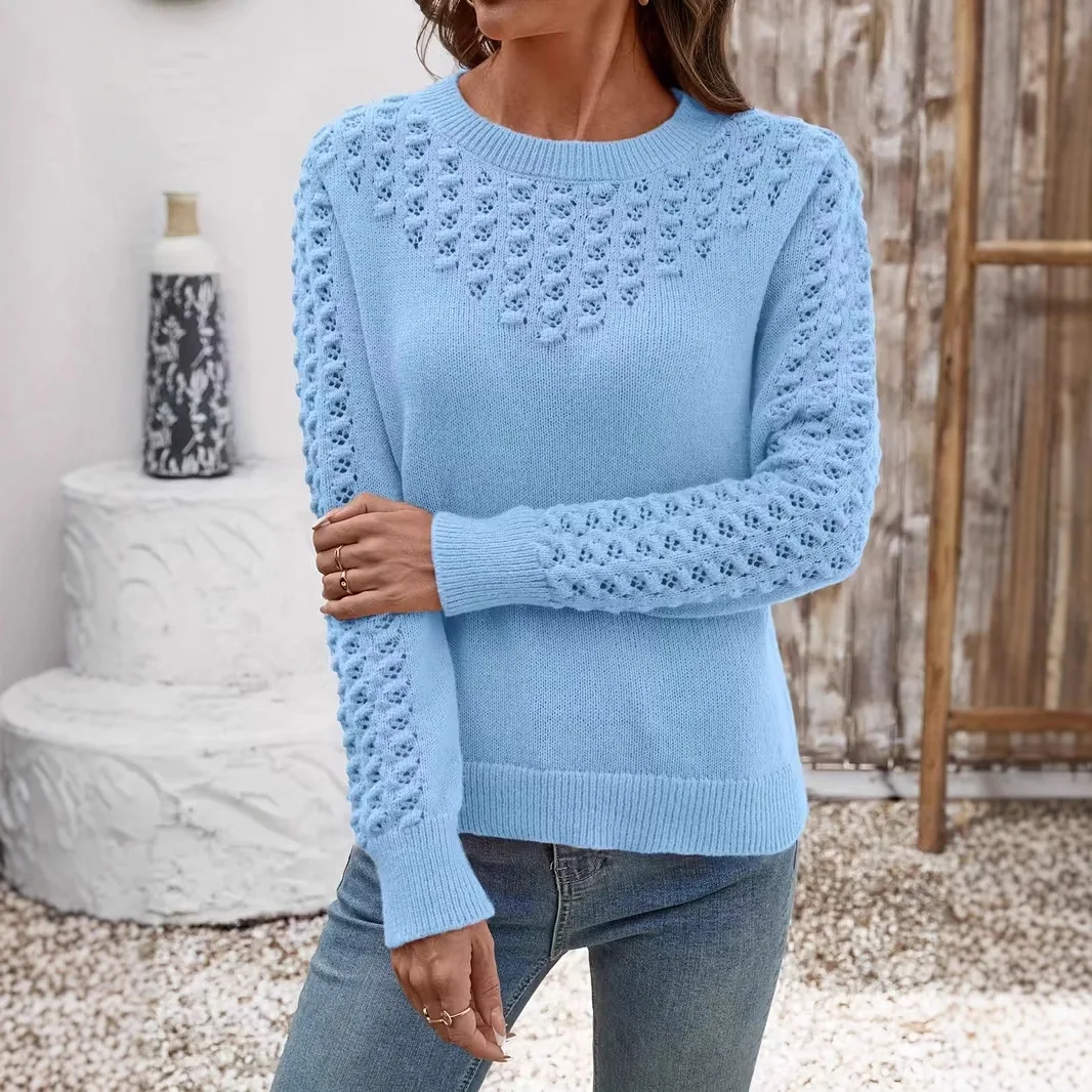 

Новый однотонный полый вязаный свитер, осенне-зимний женский элегантный свитер с круглым вырезом и длинными рукавами, женская одежда