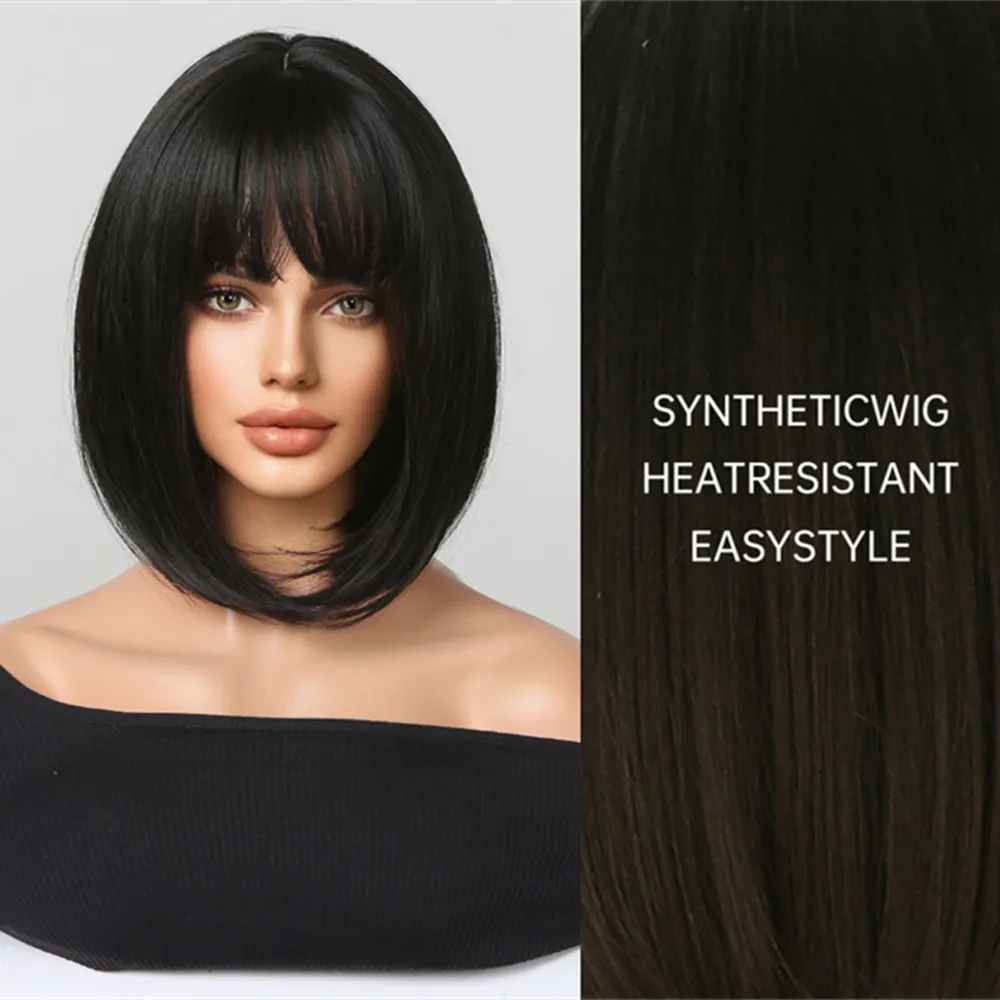 ALAN EATON Black Bob Straight Synthetic Wigs Short Hair Wigs with Bangs Heat Resistant Fiber Natural Looking Black Wig for Women