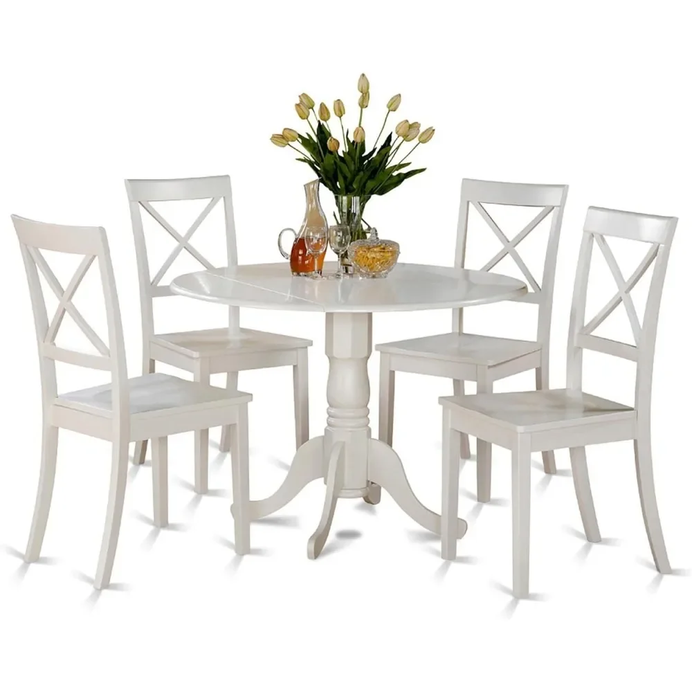 5 Piece Kitchen Table Set for 4 Includes a Round Dining Room Table with Dropleaf and 4 Solid Wooden Seat Chairs