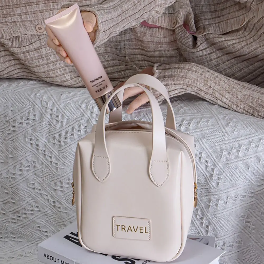 Borsa per cosmetici in pelle PU con lettera borsa per il lavaggio da viaggio con cerniera multifunzione Organizer per articoli da toeletta borsa per il trucco a mano