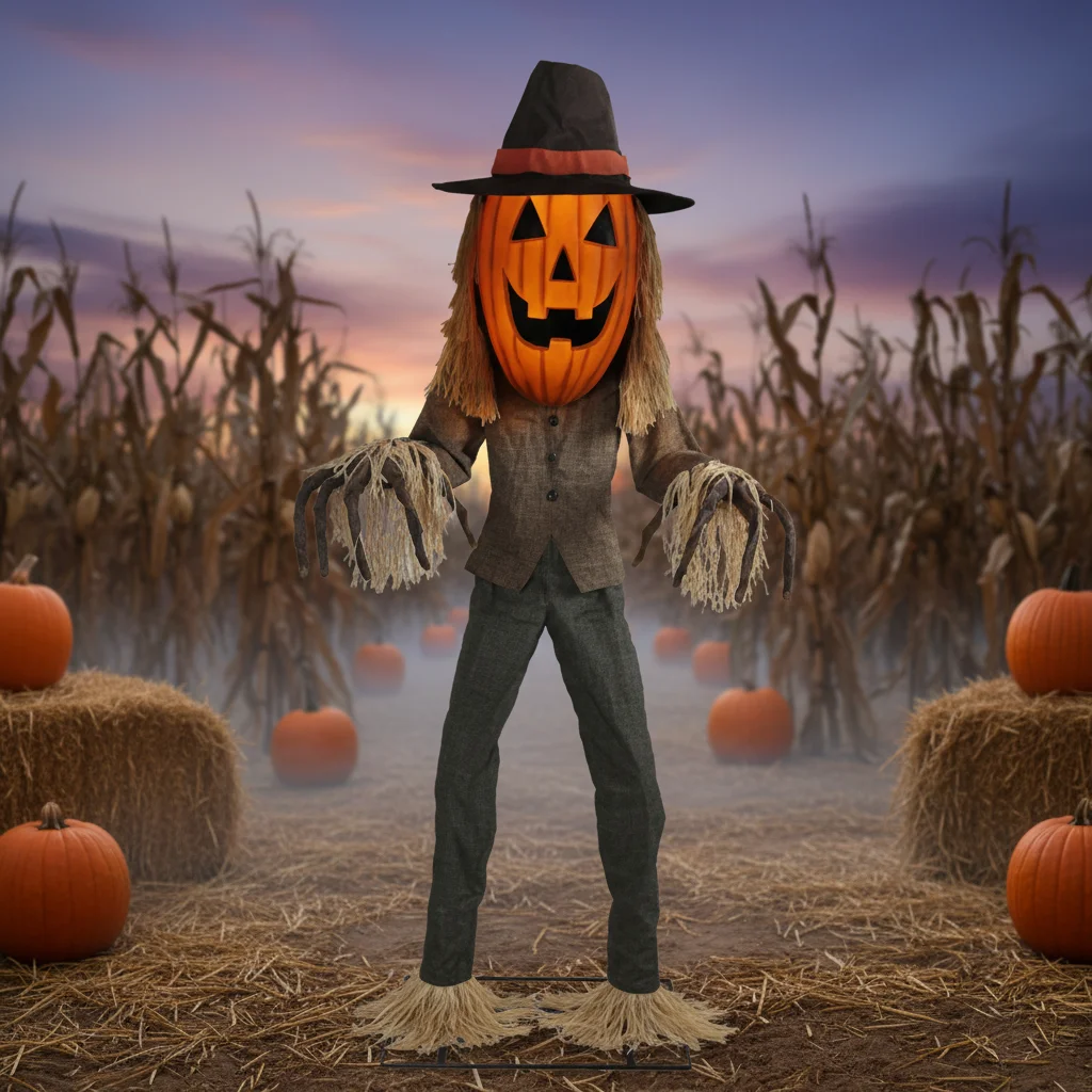 Halloween Large Electric Pumpkin Scarecrow Prop With Motion Sensor & Rotating Body For Haunted House Decor