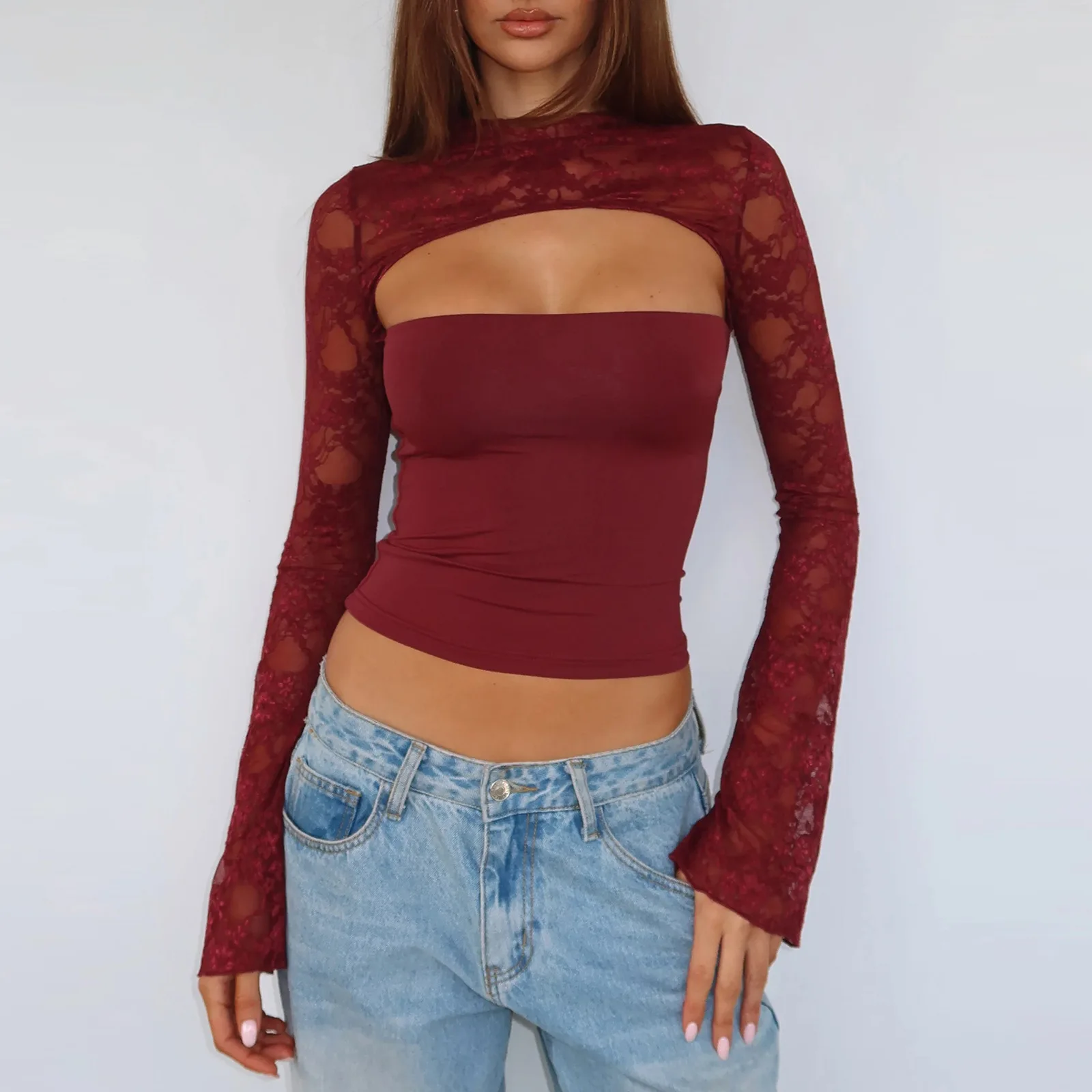 المرأة مثير صديرية دائرية الجوف خارج كم طويل تصميم المرقعة الأعلى الإناث مزاجه أنيقة بلون الراحة التخسيس الأعلى #1