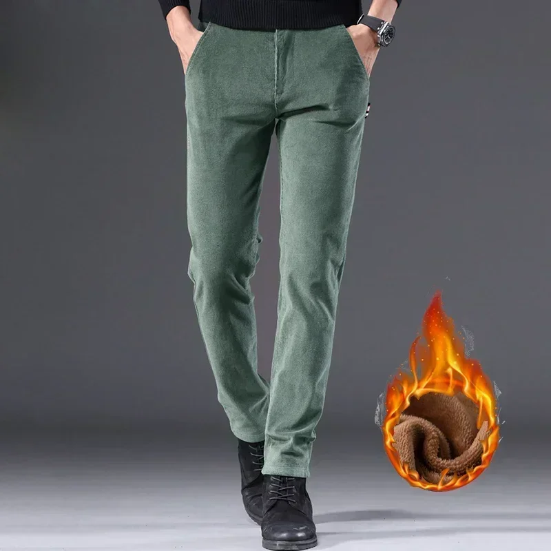 

2025 Men Fashion Autumn Winter Corduroy Thickened Warm Pants Male Classic Narrow Leg Slim Fit Casual Pants Army Green Trousers