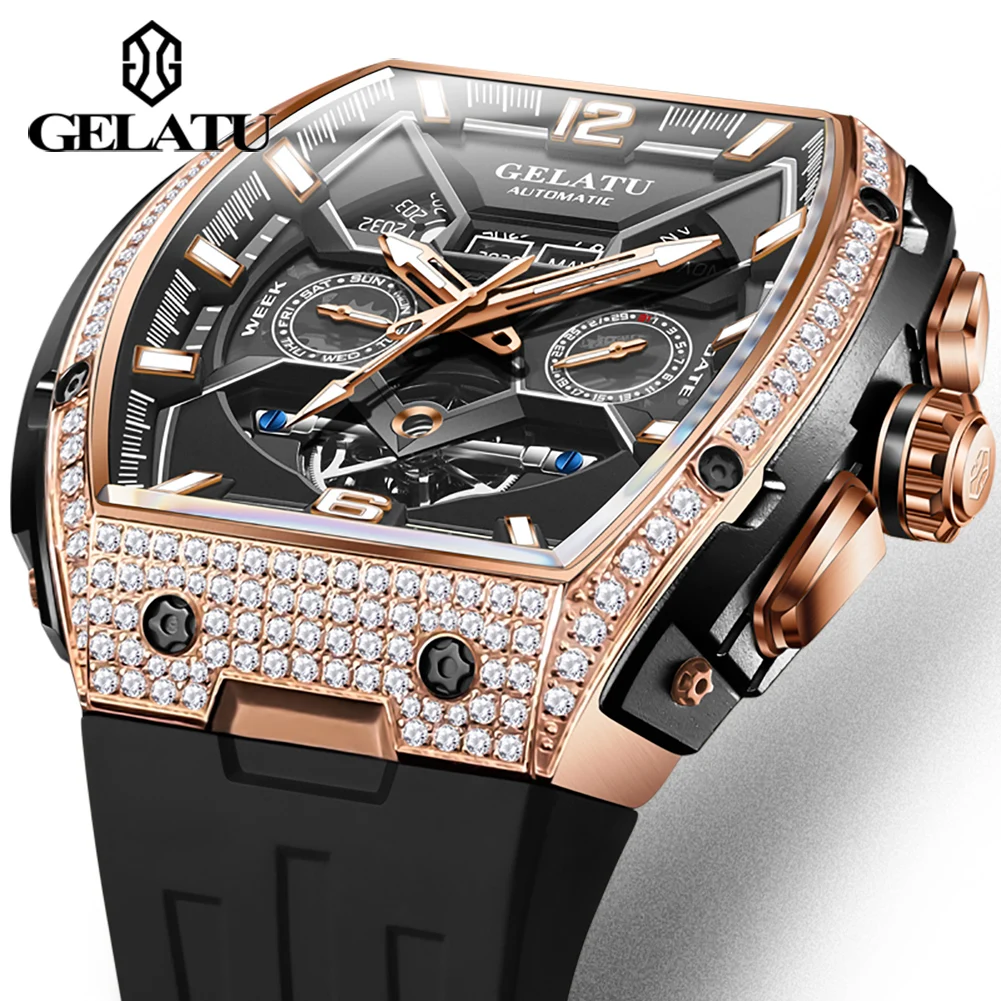 GELATU 6016 Orologio da uomo Orologio meccanico automatico scheletrato originale di alta qualità ﻿   Orologi impermeabili da 50 m per uomo Confezione regalo Nuovo