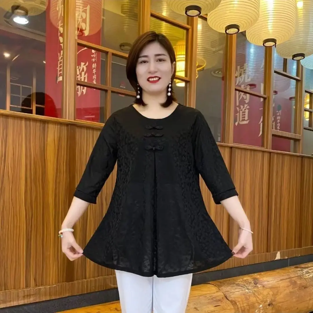 Korean Women Vintage Oversized T-Shirt Summer New 3/4 Sleeve Fashion Elegant Jacquard Pullover Loose Big Size Casual Tops 2023