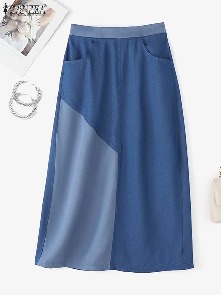 

Summer Women Skirts ZANZEA 2025 Fashion Color Patchwork Long Maxi Skirt High Waist Casual Loose Bottoms Elastic Waist Overskirts