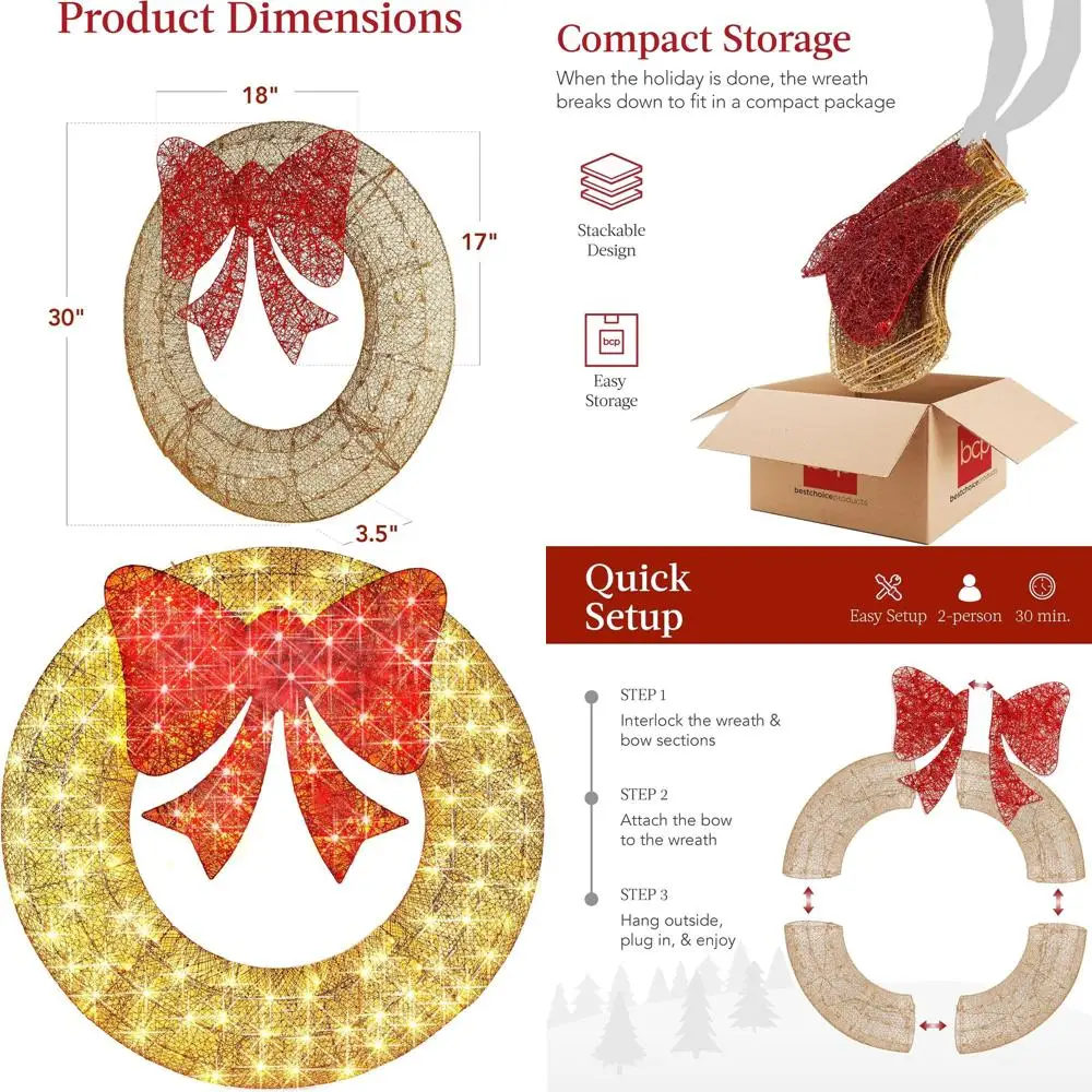

30-дюймовый рождественский венок с предустановленной подсветкой, 100 светодиодов, золотой и красный бантик, для наружного праздничного декора