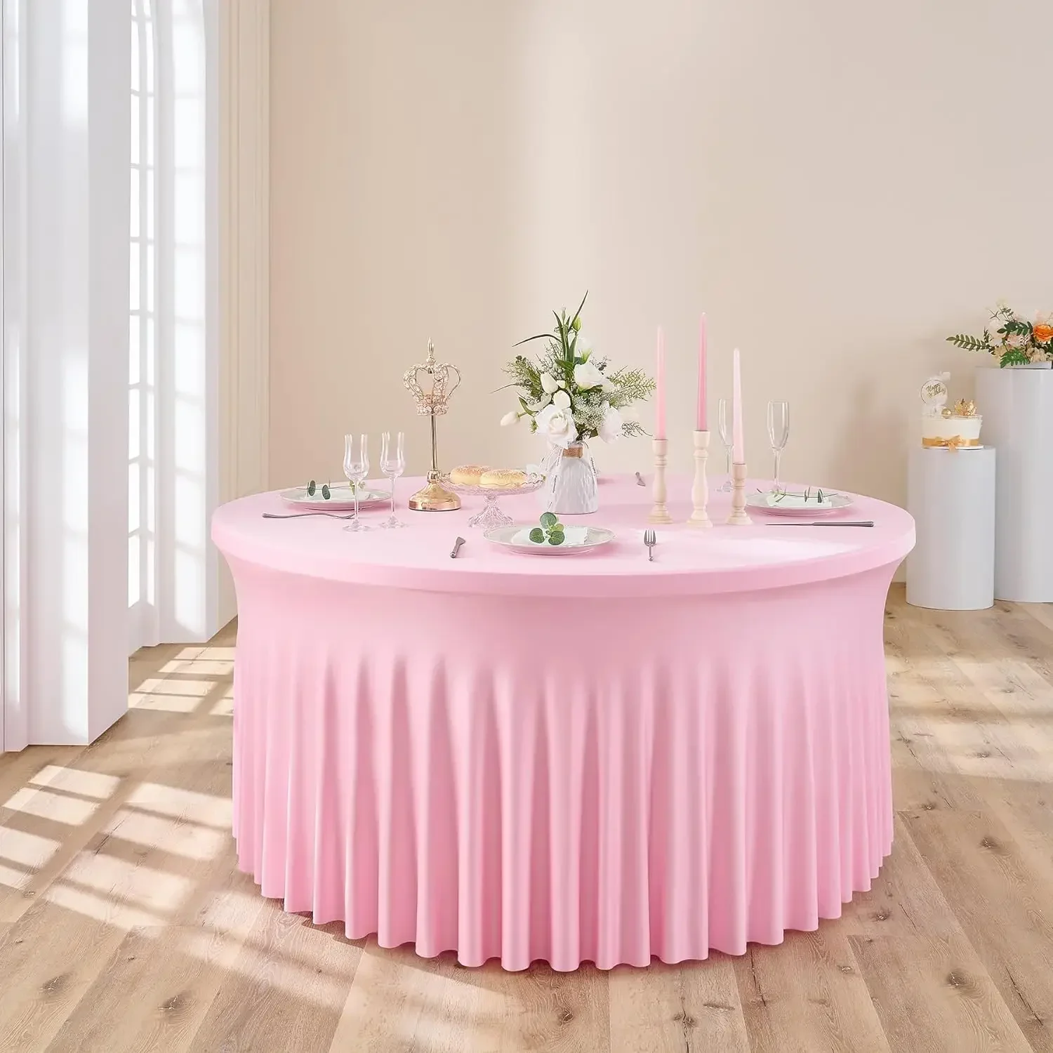 Imagem -06 - Baby Pink Spandex Round Table Cloth Toalhas de Mesa de 6ft Elásticas com Saia para Festa de Casamento Rugas Mesas 72 em