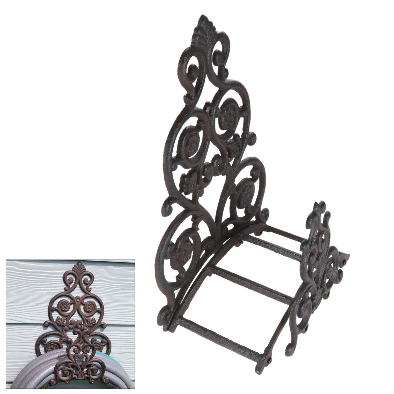 Cast Iron Hose Holder Garden Water Pipe Rack Antique Rusty Finish Shelf Yard Tool Traditional Victorian Vintage European Decor