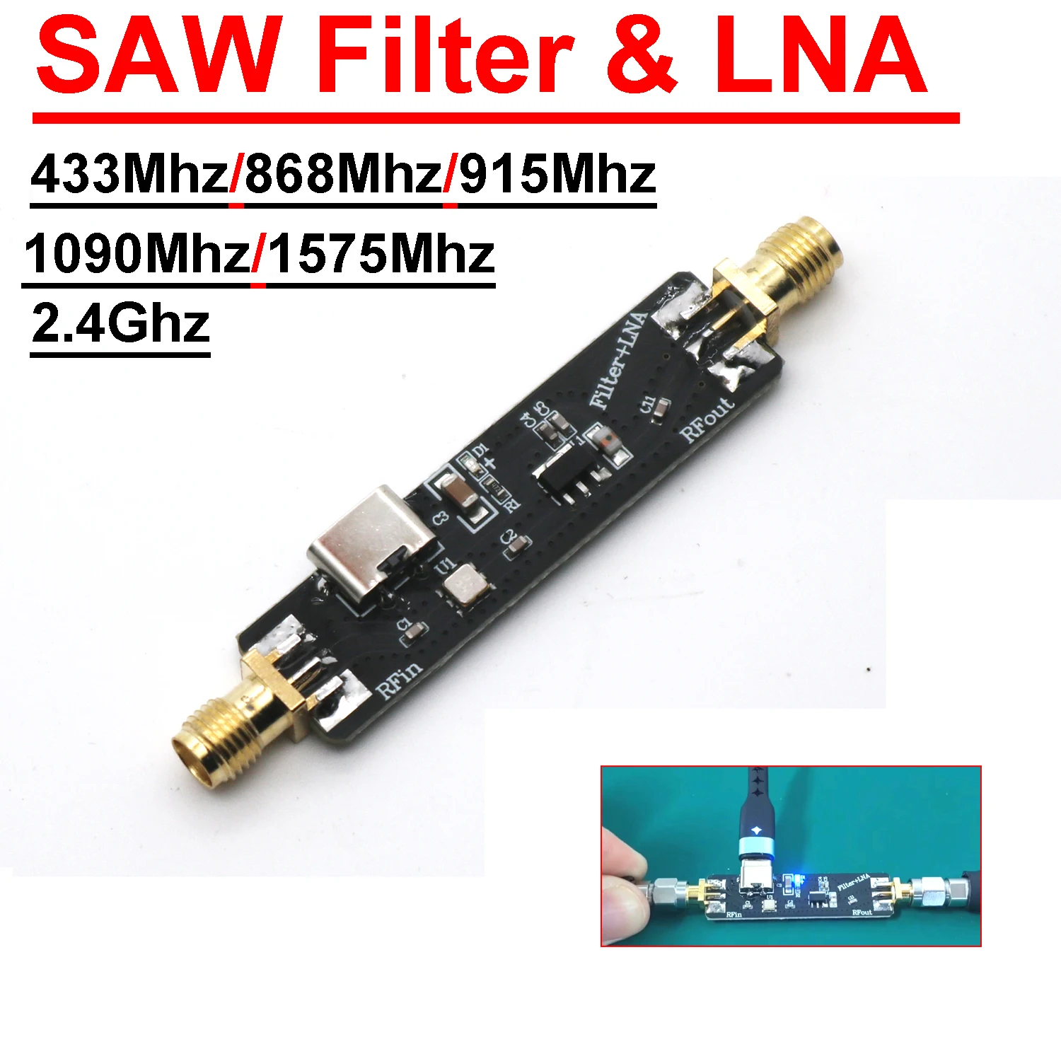 Active SAW Filter &LNA RF Low Noise Amplifier 433Mhz 868Mhz 915Mhz 1090Mhz 2.4Ghz WIFI SDR ADS-B LORA Helium Miner Walkie Talkie