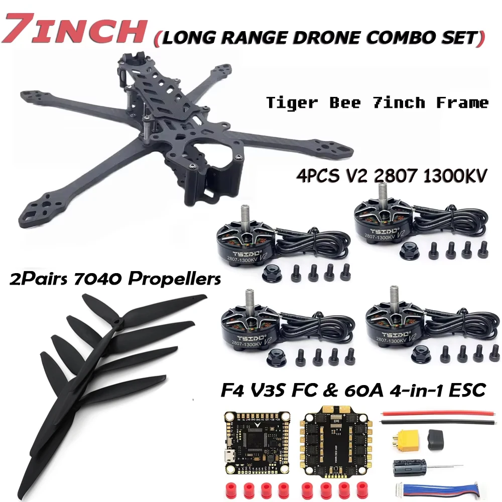 

Tiger Beetle 7inch Frame Kit 2807 1300KV Brushless Motor F405 FC 60A ESC 7040 Propeller for Long Range FPV RC Racing Drone Parts