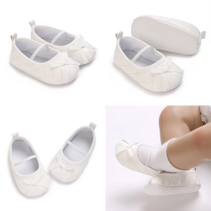 

0-18M Baby Girl Quilted Grid Mary Jane Flats Bow Ornament Elastic Strap Non Slip Sole Princess Dress Shoes