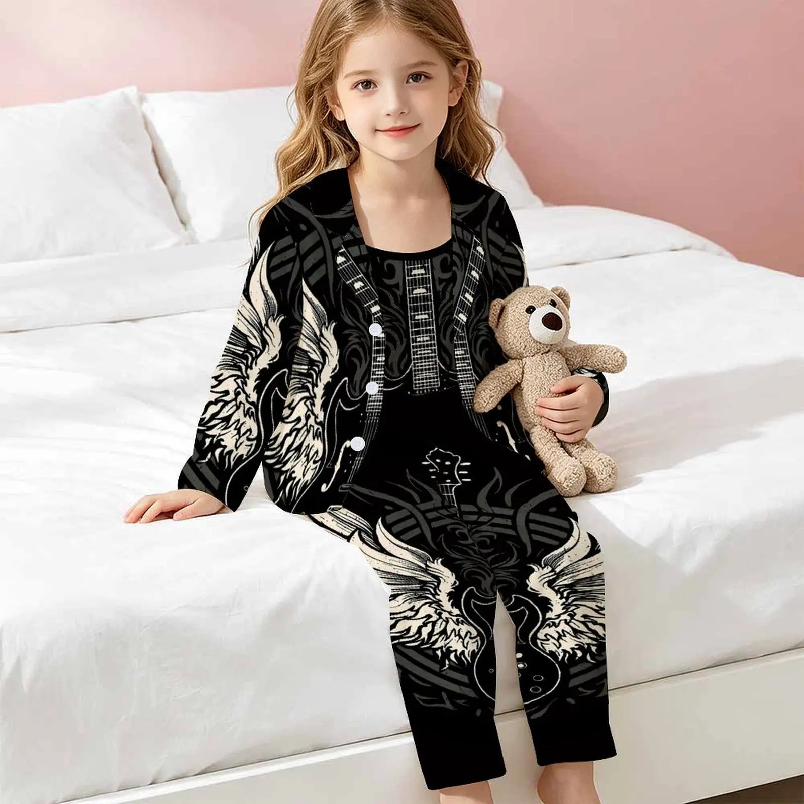 Autumn Winter Three-Piece Set Girls' Print Sleeveless Vest Button Long Sleeve Coat Fashion Trousers Child Loose Jogging Pants