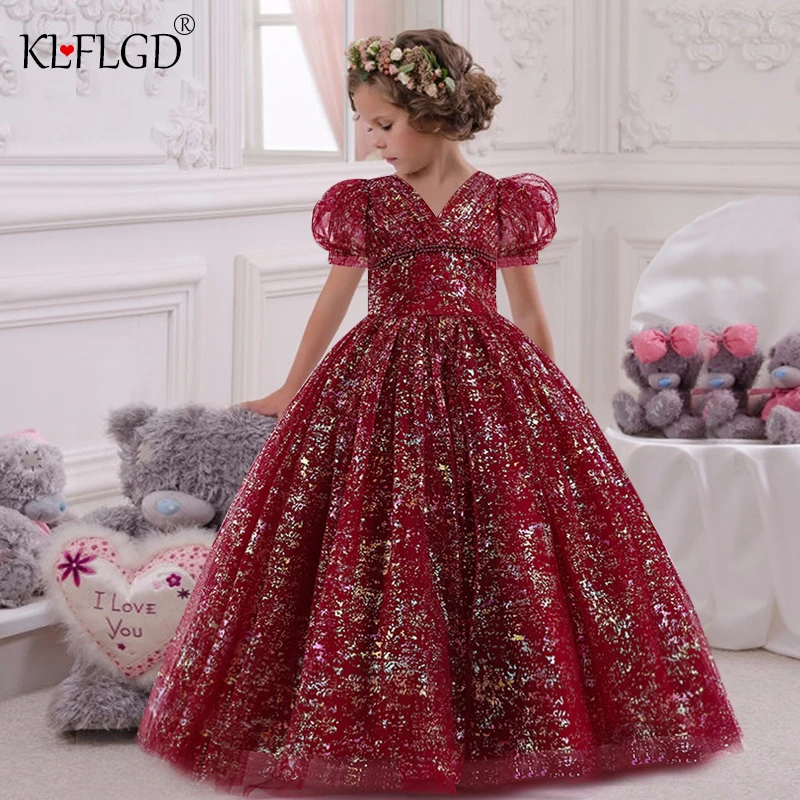 Girls\' long wedding party dress fluffy mesh Princess bubble sleeve Eucharist banquet first Sequin Beaded ball party dress
