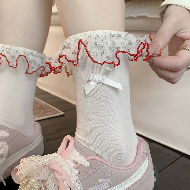

Women's Socks Sweet Medium Tube Socks Small Floral Lace Stockings Children's Bow Stockings Solid Color Soft and Breathable