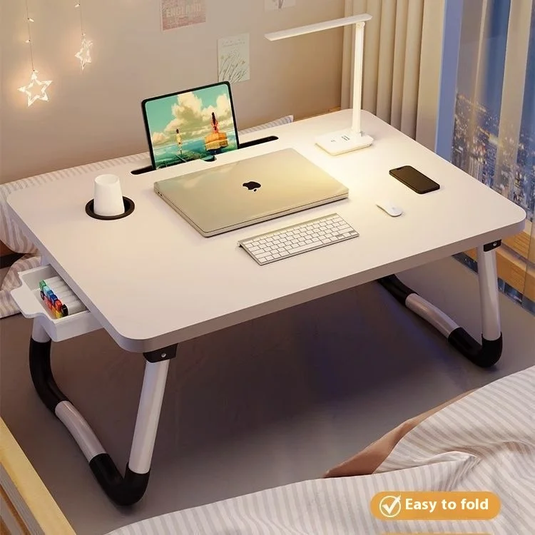 

Folding Bed Desk Laptop Table Dormitory Portable Small Desks Cup Holder Slot Mobile Breakfast Table Bedroom Computer Tray Shelf