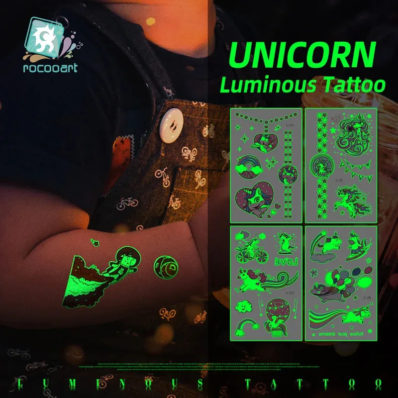 

12 pcs Luminous Unicorn Temporary Tattoos for Kids, Glow In The Dark Fake Boys and Girls Body Arm