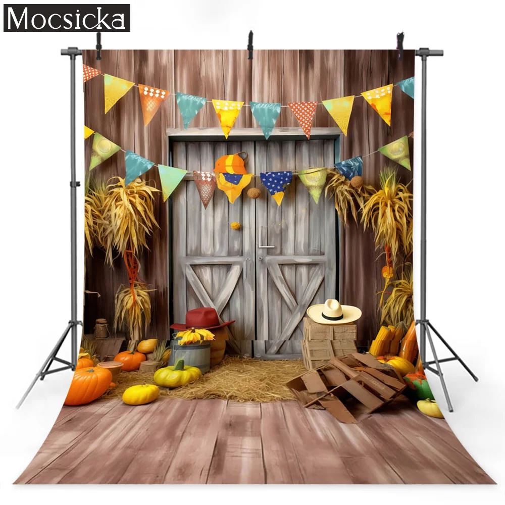 

Mocsicka Photography Backgrounds Autumn Pumpkin Lights Ribbons Harvest Season Straw Hat Barn Decoration Backdrop Photo Studio