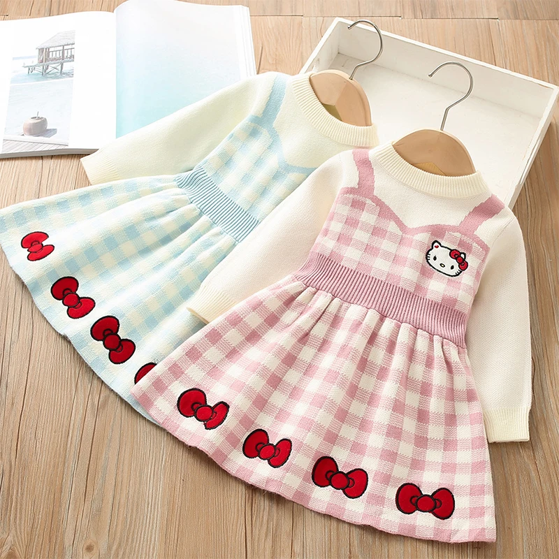 Sanrio Hello Kitty abiti per bambini ragazze Kawaii Dress Baby Girl Cute Knitted Princess Dress Cotton abbigliamento per bambini di alta qualità