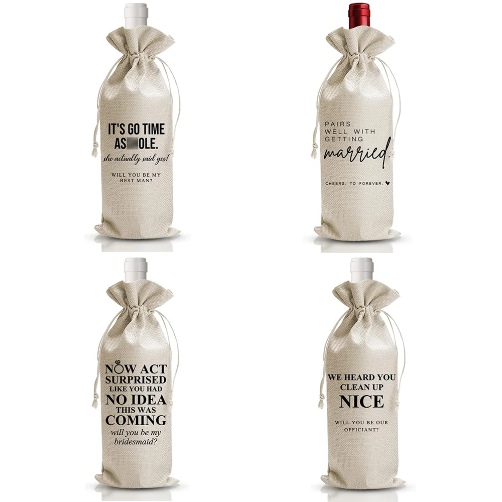 

4Pcs Wedding Wine Drawstring Gift Bag Married Gifts for Bride Groom Shower Gifts Engagement Party Decorations Supplies Reusable