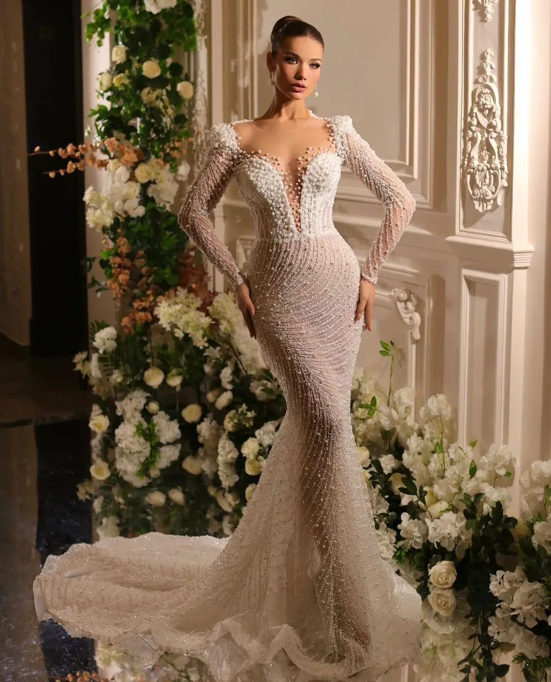 Exquisite Mermaid Evening Dresses V Neck Long Sleeves Sequins Beaded Luxury Lace Pearls Appliques Plus Size Prom Dresses Gowns