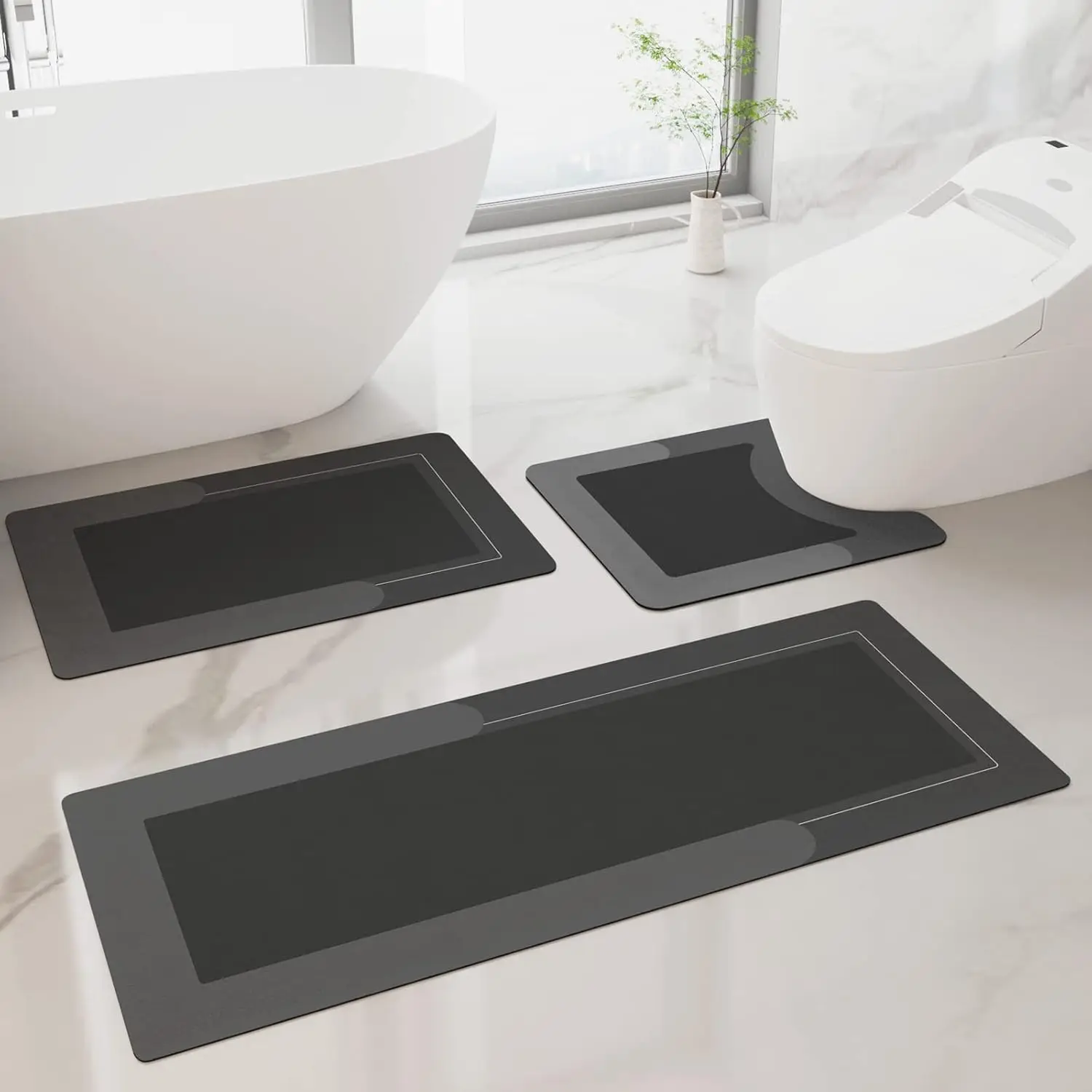 

3PCS Non-Slip Quick Dry Bath Mat Set Super Absorbent Washable Rubber Backing for Bathroom Shower Sink Dark Grey